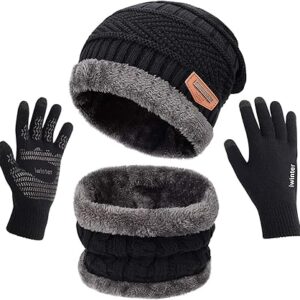 MAYLISACC Winter Knit Beanie Hat Neck Warmer Scarf and Touch Screen Gloves Set 3 Pcs Fleece Lined Skull Cap for Men Women