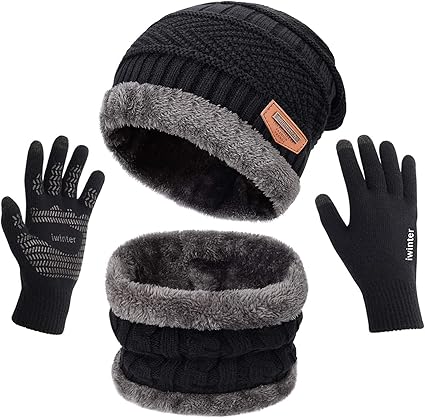 MAYLISACC Winter Knit Beanie Hat Neck Warmer Scarf and Touch Screen Gloves Set 3 Pcs Fleece Lined Skull Cap for Men Women