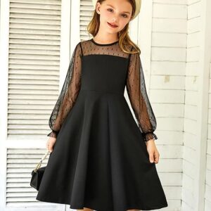 Arshiner Girl's Contrast Mesh Puff Long Sleeve High Waist A Line Short Dress with Pockets for 6-13 Years