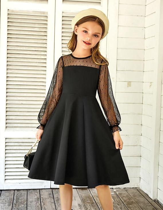 Arshiner Girl's Contrast Mesh Puff Long Sleeve High Waist A Line Short Dress with Pockets for 6-13 Years - Image 5