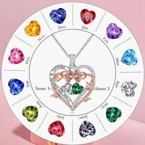 Iefil Rose Heart Double Birthstone Necklace Gifts for Wife Girlfriend Her Women, Birthstone Jewelry Gemstone Birthday Gifts for Mom Grandma Her Wife Women