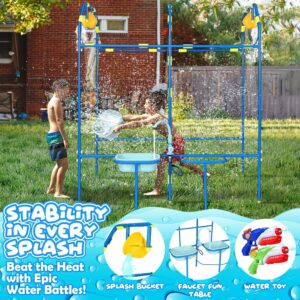Water Park Sprinkler Toy for Kids, Heavy-Duty Steel Backyard Waterpark Splash Game with Shooting Toys, Splash Buckets, Water Table & Faucets, Water Play Activities Outdoor Summer Fun