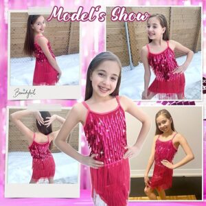 LOLANTA 2Pcs Girls Sequin Fringe Dress, Salsa Cha Cha Tassel Latin Dance Dress & Shorts, Adjustable Spaghetti Strap 5-13 Yrs