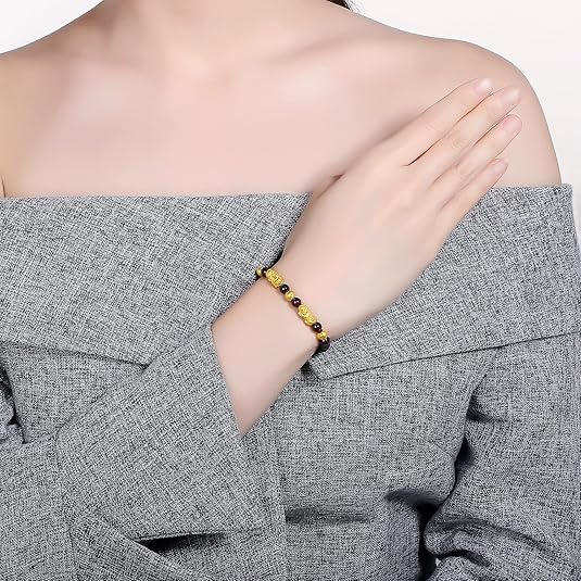 24K Solid Gold Bracelet for Women, Real Pure Gold Jewelry Fortune Pixiu Beads Garnet Beaded Bracelet for Men - Image 6