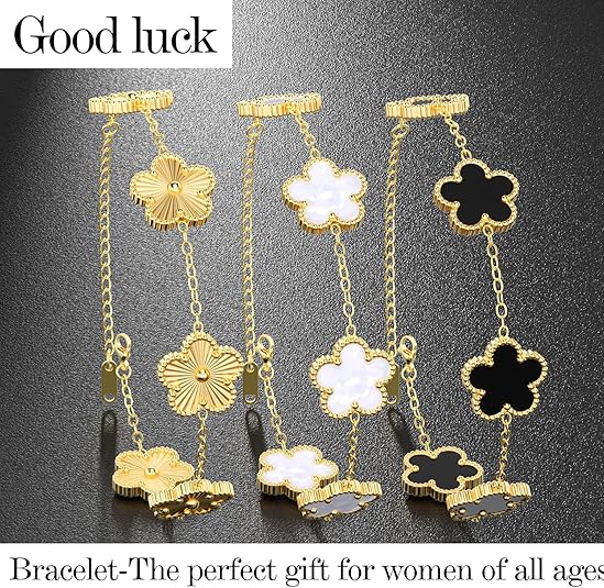AICase 18K Gold Plated Clover Bracelet Dupes Gold/White/Black Bracelet Set for Women Flower Leaf Lucky Clover Bracelets Trendy Jewelry Birthday Gifts for Women/Mon/Friends - Image 4