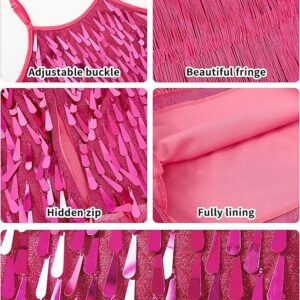 LOLANTA 2Pcs Girls Sequin Fringe Dress, Salsa Cha Cha Tassel Latin Dance Dress & Shorts, Adjustable Spaghetti Strap 5-13 Yrs