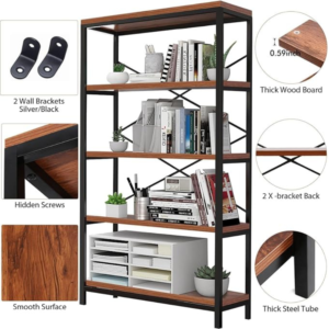 Himimi Industrial Bookshelf 5-Tier, Bookcase 58" H Ladder Shelf, Storage Shelves Rack Shelf Unit, Accent Furniture Metal Frame, Home Office Furniture for Bathroom, Living Room, Vintage Brown