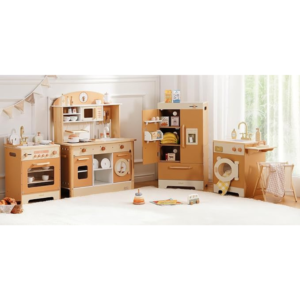 ROBUD Wooden Play Kitchen, 4-in-1 Kids Kitchen Playset with Fridge, Washing Machine, Dishwasher, Toddlers Role Play Kitchen Set Gift for Boys & Girls, Age 3+ (Caramel)