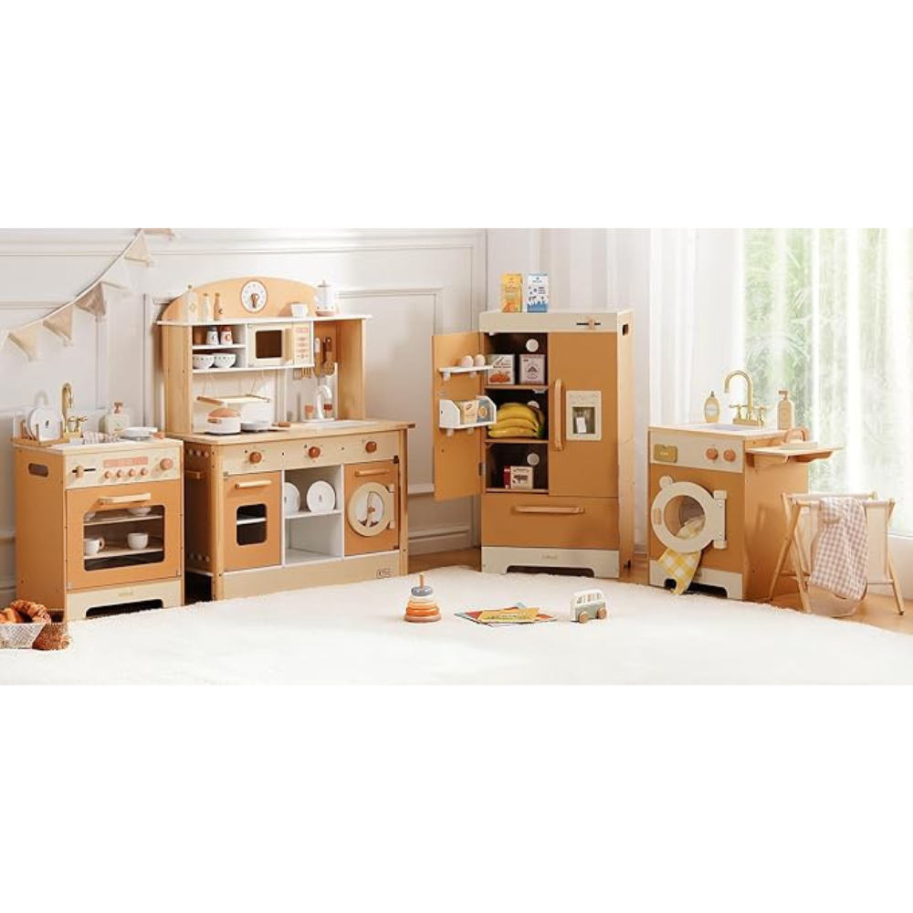 ROBUD Wooden Play Kitchen, 4-in-1 Kids Kitchen Playset with Fridge, Washing Machine, Dishwasher, Toddlers Role Play Kitchen Set Gift for Boys & Girls, Age 3+ (Caramel)