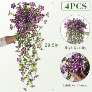 VIERENA 4 Bundles Artificial Hanging Morning Glory Flowers for Outdoor, Realistic Hanging Flowers Silk Fake Morning Glory with Faux Eucalyptus for Yard Garden Porch Patio Balcony Home Decor (Purple)
