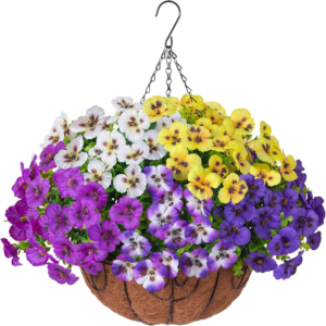 Ivydale 20Pcs Artificial Pansies Hanging Basket, Fake Flowers Hanging Plant for Outdoor Decoration, Silk UV Resistant Realistic Colorful for Front Door Porch