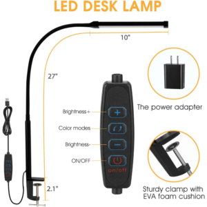 LED Desk Lamp with Clamp, Eye-Caring Clip on Lights for Home Office, 3 Modes 10 Brightness, Long Flexible Goose-Neck, Metal, Swing Arm Architect Task Table Lamps with USB Adapter, Black