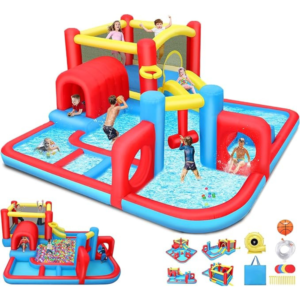 Bounce House Waterslide for Kids 3-12 w/Blower, 14.3 x 14.3FT Inflatable Obstacle Course w/Jump Area, Divided Ball Pit, Slide, Obstacle, Punching Bag, Basketball Hoop & Tunnels for Indoor/Outdoor