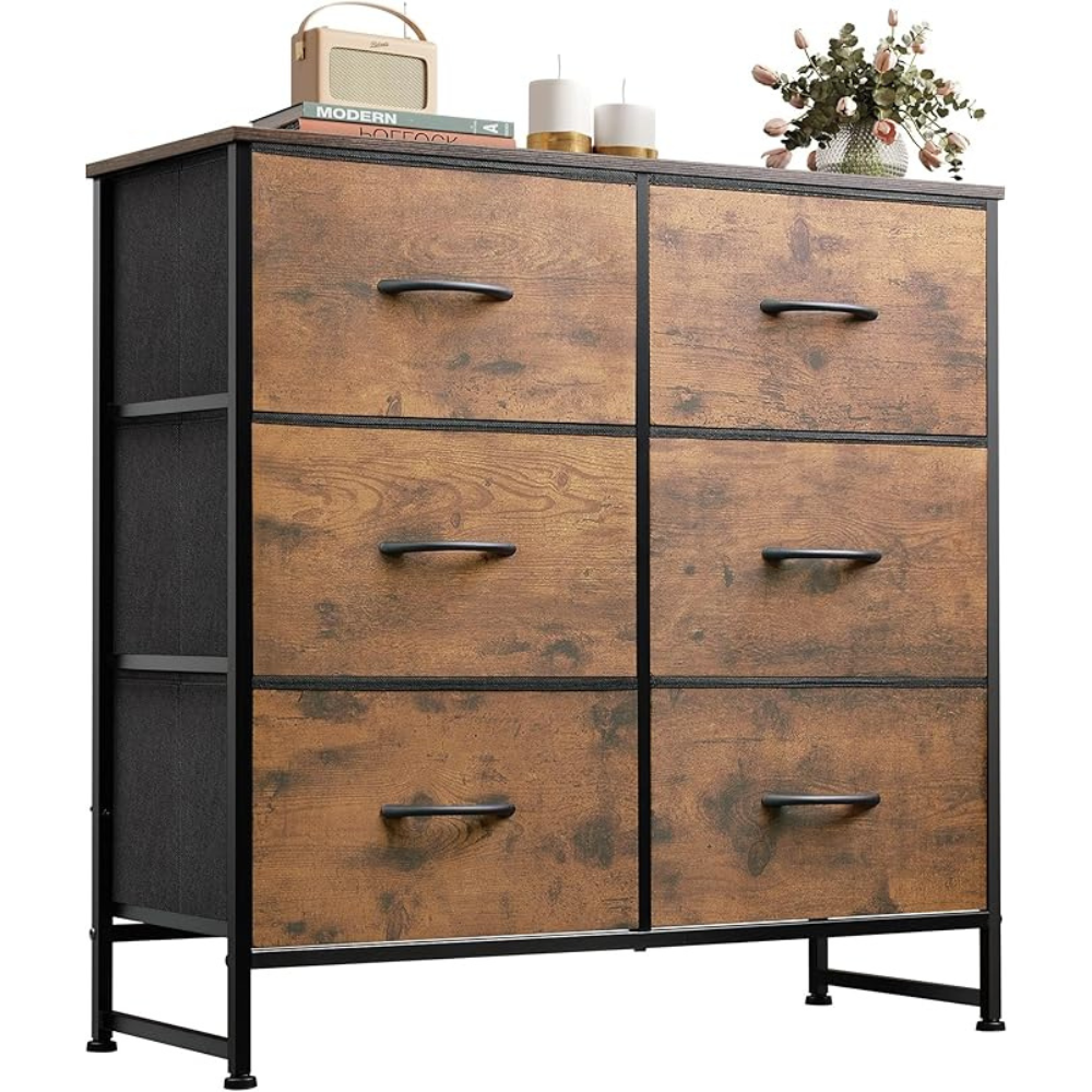 WLIVE 6 Drawer Dresser for Bedroom, Fabric Double Dresser, Storage Tower with Fabric Bins, Chest of Drawers for Closet, Living Room, Hallway, Rustic Brown Wood Grain Print