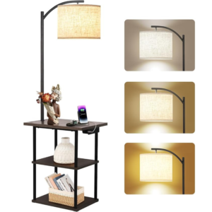PESRAE Floor Lamp with Table, End Tables with Charging Station(USB & Type-C & AC Port), 3 Color Temperatures 9W LED Bulb, Modern Shelves Side Table for Bedroom, Living Room