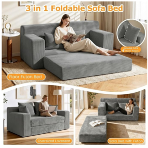 Winzon Boneless Loveseat, 3 in 1 Convertible Sofa Bed Sleeper Sofa Floor Futon Bed with 4 Pillows, 55" Grey Boneless Couch for Living Room, Guest Room, Small Space, No Assembly Required, Corduroy