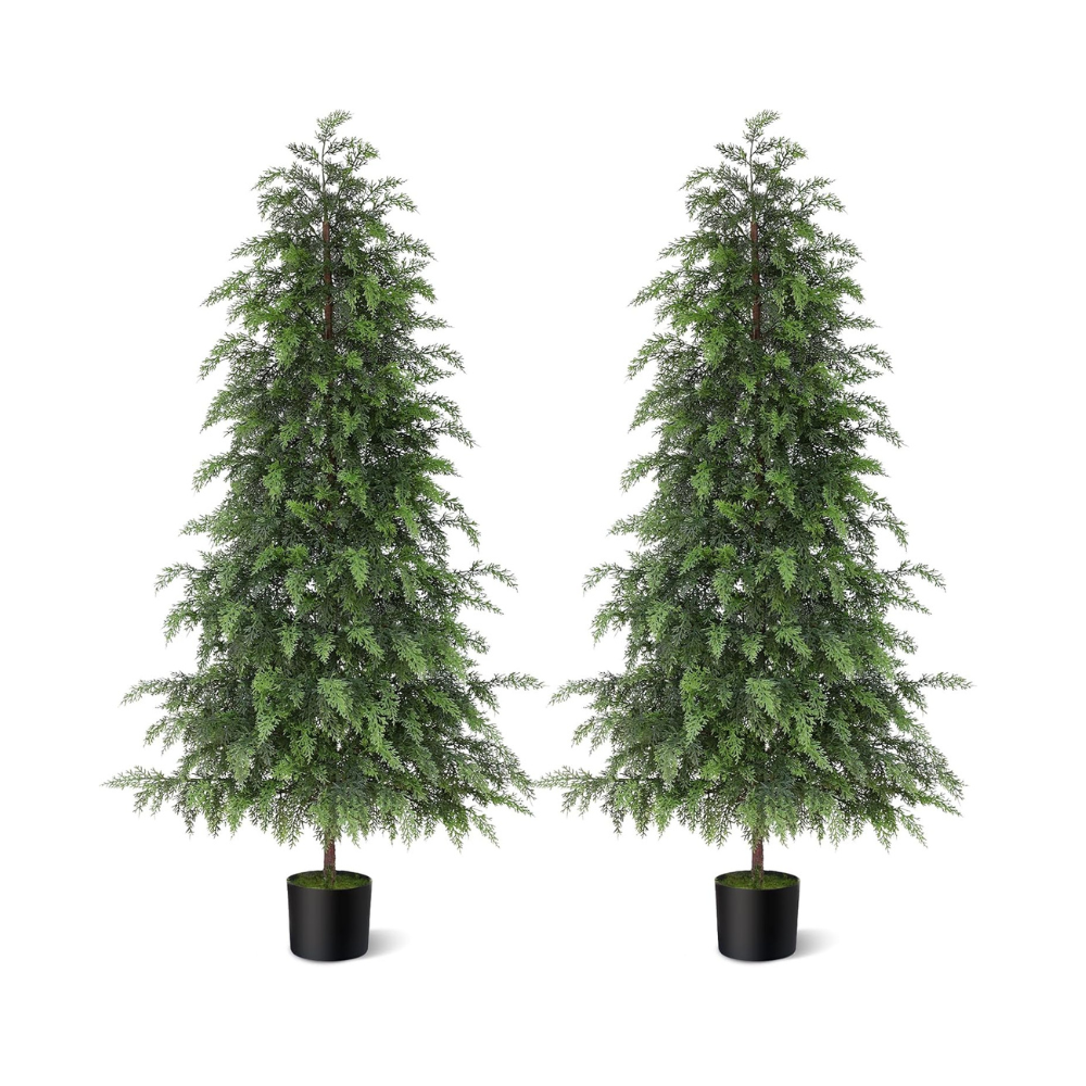5FT Real Touch Cedar Topiary Trees for Front Porch Decor, Artificial Shrubs Faux Plants Potted UV Resistant Fake Greenery for Outdoor Indoor Door Garden Farmhouse Home Decoration (Set of 2)