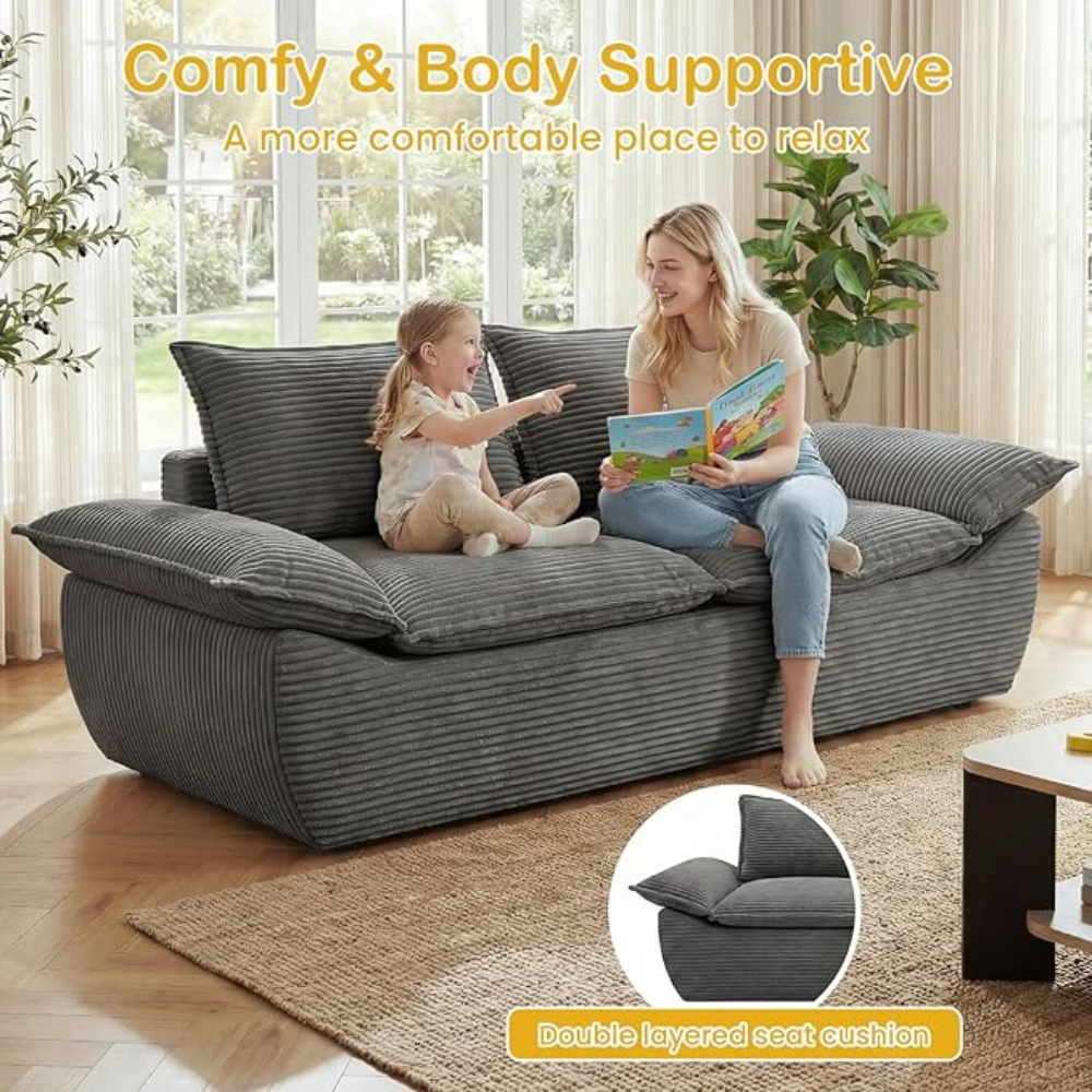 59" Boneless Loveseat Sofa, 2-Seater Gray Boneless Sofa with Removable Cushions & 2 Pillows, Small Couch Boneless Compress Foam Sofa for Living Room, Apartments, & Office