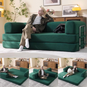 79" Convertible Sleeper Sofa Bed with Cylindrical Pillow, Corduroy Folding Mattress Couch with Fixed-Shape Frame, Floor Sofa Lounge Couch for Living Room Bedroom Lounge Studio (Green)