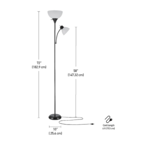 Globe Electric 67135 72" Torchiere Floor Lamp and Adjustable Reading Light, Matte Black, Frosted Shade, Dual Rotary Switch, 3-Step Dimming, Modern Lighting for Living Room or Office