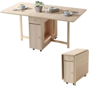 Extendable Drop Leaf Folding Dining Table with 2 Drawers and 4 Wheels for Living Room Kitchen Farmhouse Space Saving Table in Wood Color