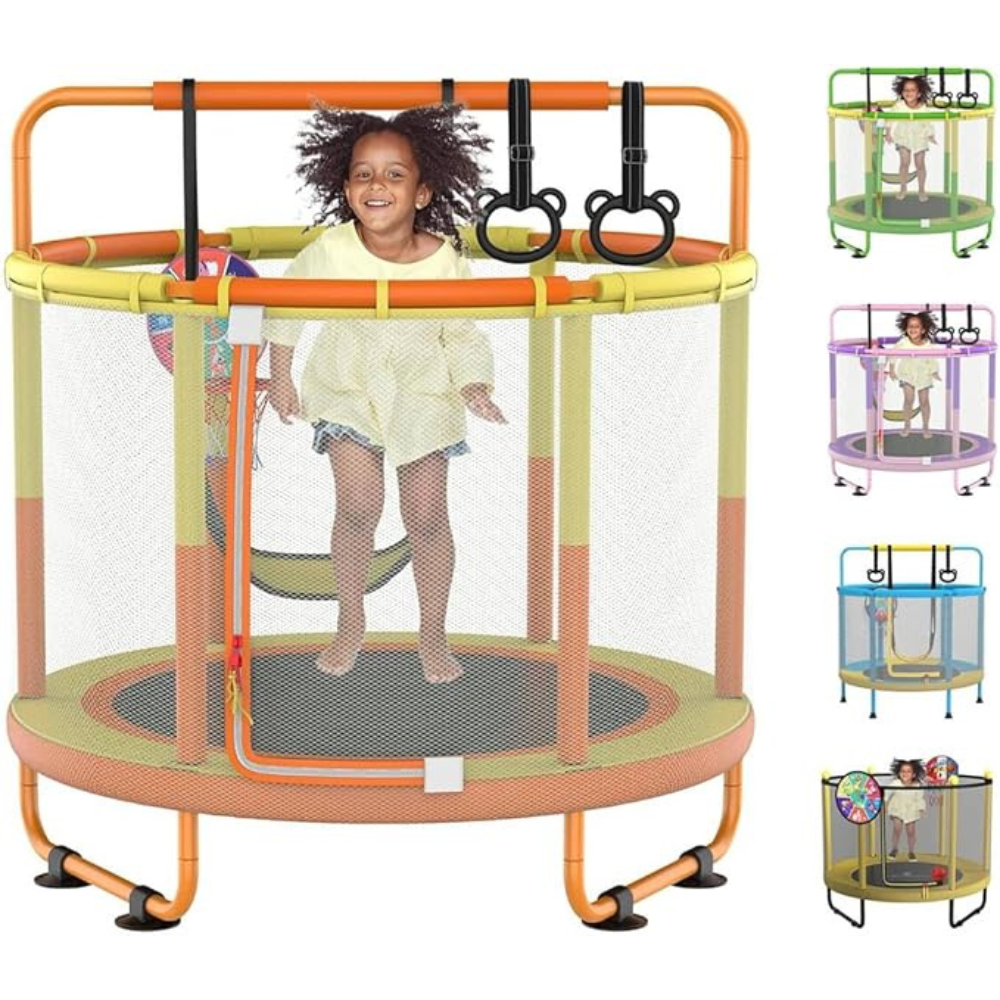 LANGXUN 60" Trampoline for Kids, 5ft Toddler Mini 6-in-1 Trampoline Indoor Outdoor with Swing, Basketball Hoop, Dart Board, Rings, Christmas Toys Birthday Gifts for Girls Boys