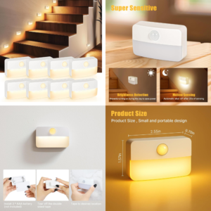 Guankai 8 Pack Motion Sensor Stair Light for Indoor, Battery Operated Closet Lights, Wireless Stick on Anywhere Hallway Lamp, Portable Led Night Lamps for...