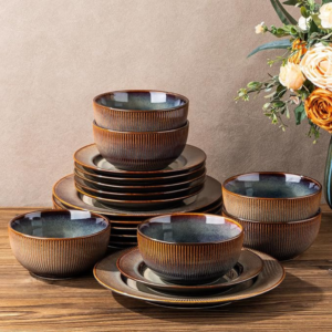 TheTerra Stoneware Dinnerware Sets for 6, 18 Pieces Ceramic Lightweight Plates and Bowls Sets, Scratch Resistant Embossed Dish Set, Oven, Microwave & Dishwasher Safe, Coca Mocha