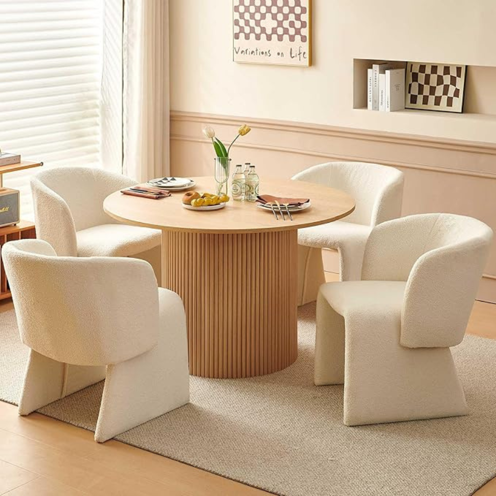 NORDICANA 5-Piece Round Dining Table Set for 4, Rustic 47-Inch Kitchen Table and Chair Set, Dining Set with Off White Upholstered Armchairs, Manufactured Wood Top with Oak Veneer