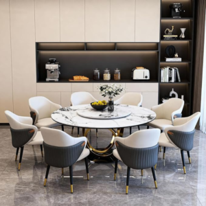 9 Piece Dining Room Set, 59" Sintered Stone Dining Table Set for 8, Modern Kitchen Table and Chairs Set, Gold Marble Dining Table with Stainless Steel Metal Frame