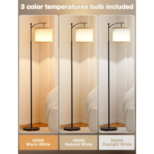 Ambimall Tall Floor Lamps with 3 Color Temperatures Bulb & Adjustable Linen Shade, for Living Room, Bedroom, Office, Classroom, Dorm Room (9W Bulb Included), Beige & Black, 60"