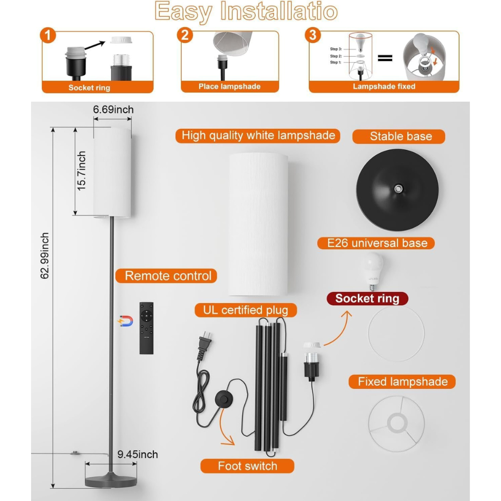 luckystyle Dimmable Floor Standing Tall Lamp, 12W Led Bulb with Lampshade, Foot Switch, Remote Custom Color Temperature Pole for Bedroom, Office, Kids & Living Room, Black
