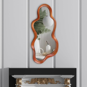 30"x 14" Irregular Wall Mirror, Wooden Walnut Framed Wall Asymmetrical Wavy Wall Mirror for Living Room Bedroom Entryway Bathroom Modern Decorative Mirror with Hanging Hooks