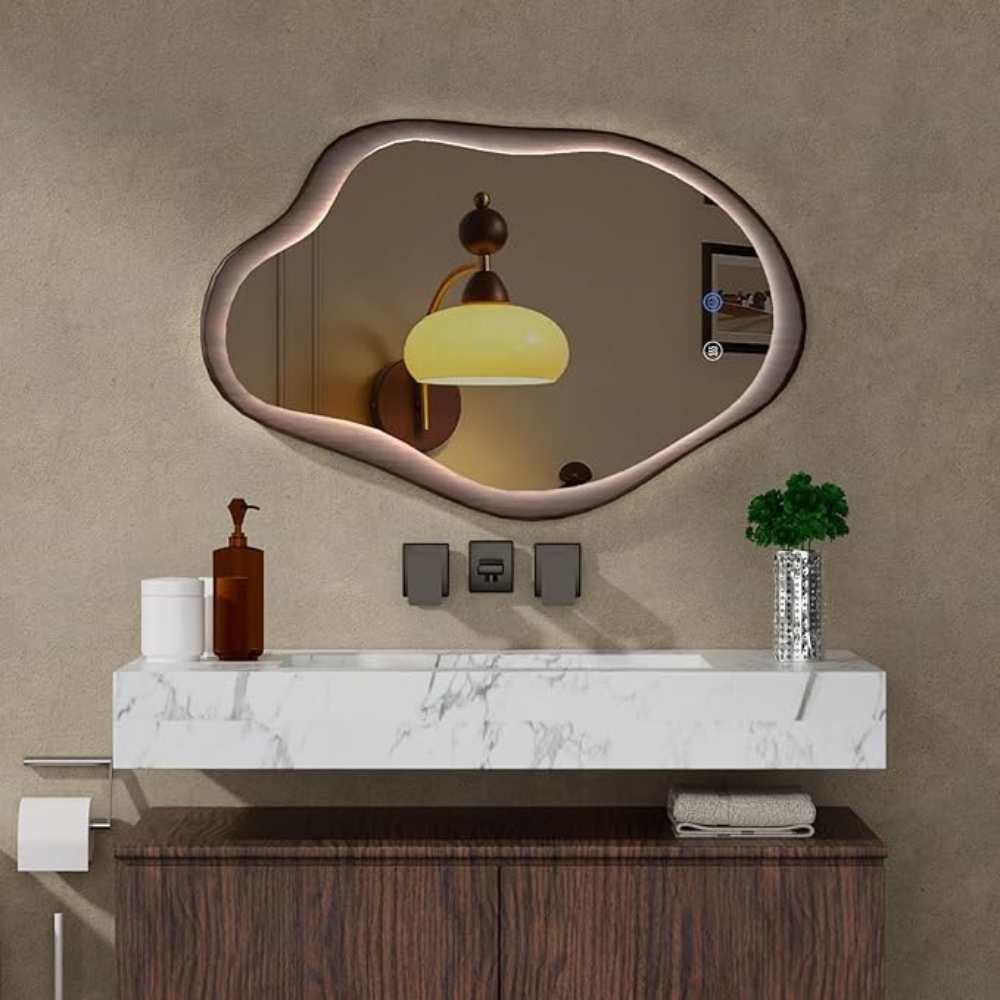 36" x 24" Irregular LED Bathroom Mirror with Lights Cloud Wood Framed LED Mirror for Bathroom Backlit Lighted Anti-Fog Dimmable Vanity Adjustable 3 Colors Walnut Color