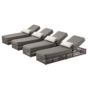 Luxury Outdoor Chaise Lounges with 5 Inch Thickened Cushions - Set of 4 High Back Brown Wicker Patio Recliners Rattan Reclining Chairs Porch Poolside Pool Sunbathing Lounger- Grey