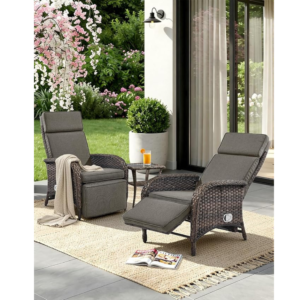 Outdoor Recliner Chairs and Side Table - 3 Pieces Dural-Adjust High Back Brown Wicker Patio Lounges Rattan Reclining Chairs with Ottoman for Porch Poolside Pool Sunbathing - Grey