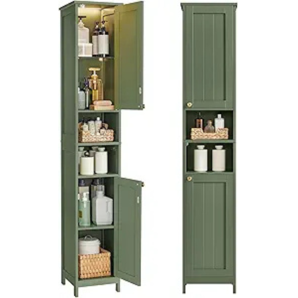 VASAGLE Tall Storage Cabinet with Lights, Slim Freestanding Cabinet with Adjustable Shelves, for Small Spaces, Bathroom, Living Room, Modern, 11.8 Inches Wide, Forest Green UBBC566C01