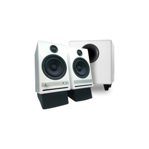 Audioengine HD4 White Wireless Bookshelf Speakers with S8 White Subwoofer and DS2 Stands