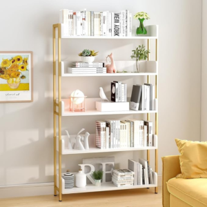 Wide Open Shelf Bookcase - Modern 5-Tier Freestanding Display Bookshelf with Three-Side Panels for Home and Office, Storage Shelving in Warm White with Gold Frame