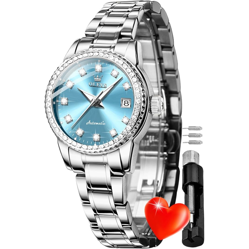 OLEVS Womens Diamond Watches Automatic Mechanical Gold Luxury Dress Ladies Self Winding Original Stainless Steel Wrist Watch